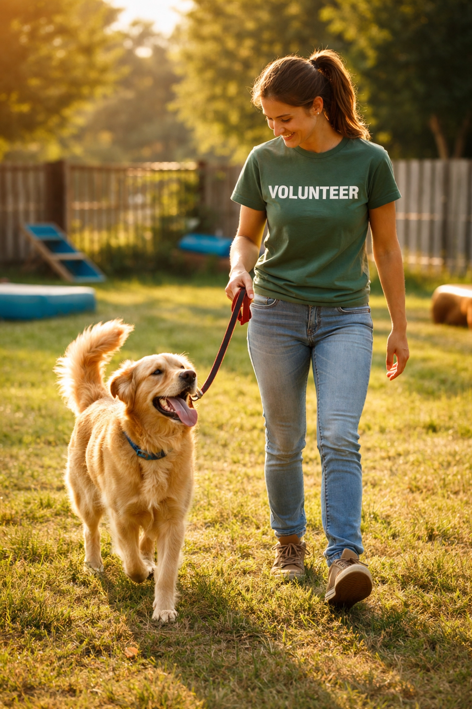 Happy volunteer walking a golden retriever mix at a dog sanctuary outdoor area