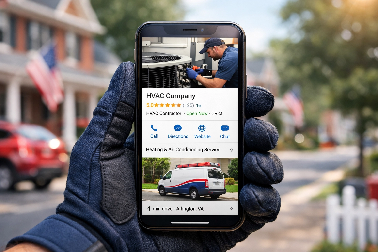 Google Business Profile for HVAC company displayed on smartphone in Arlington VA neighborhood
