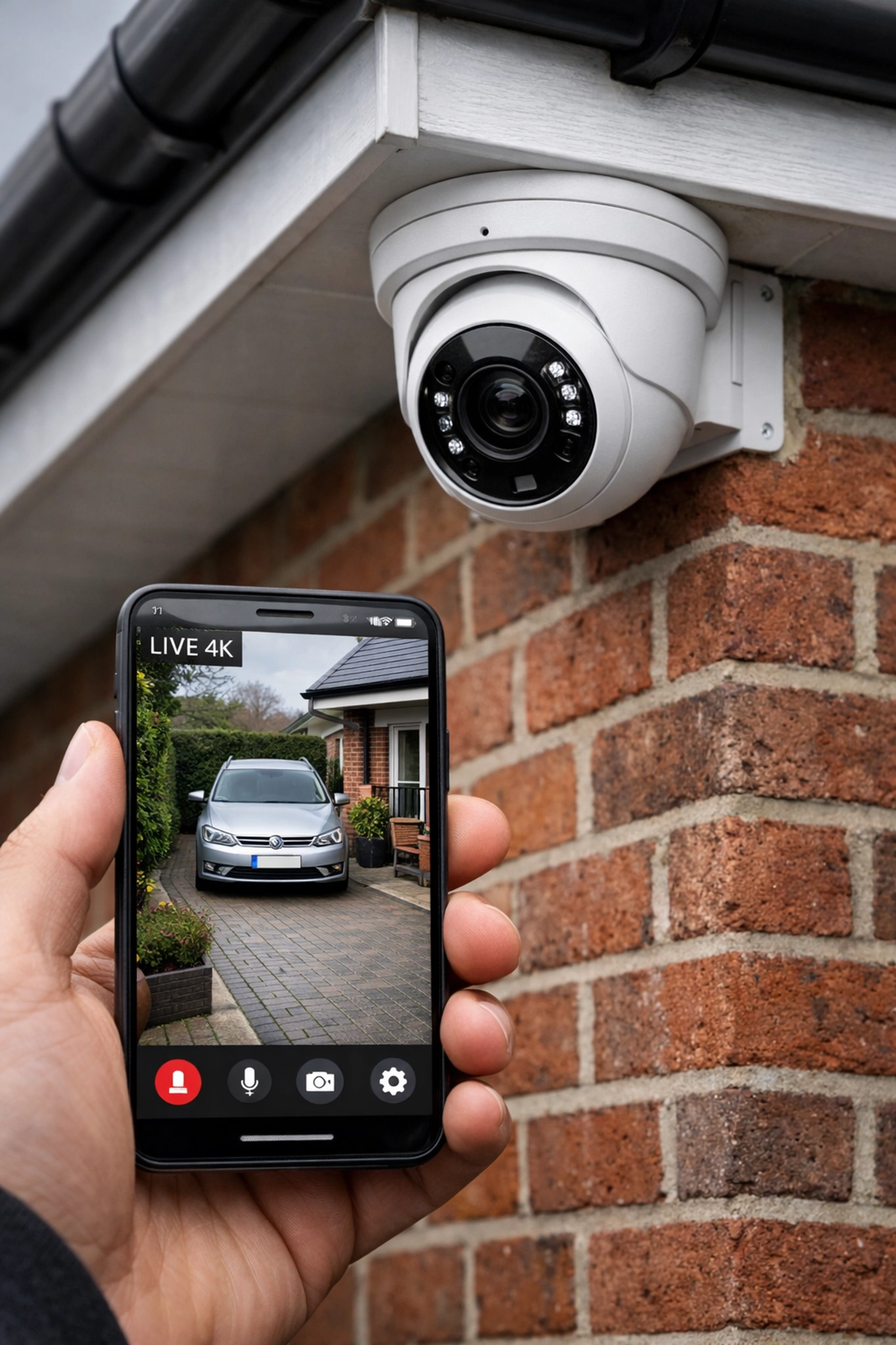 Professional CCTV camera installation in Portsmouth with 4K smartphone live feed of a UK driveway.