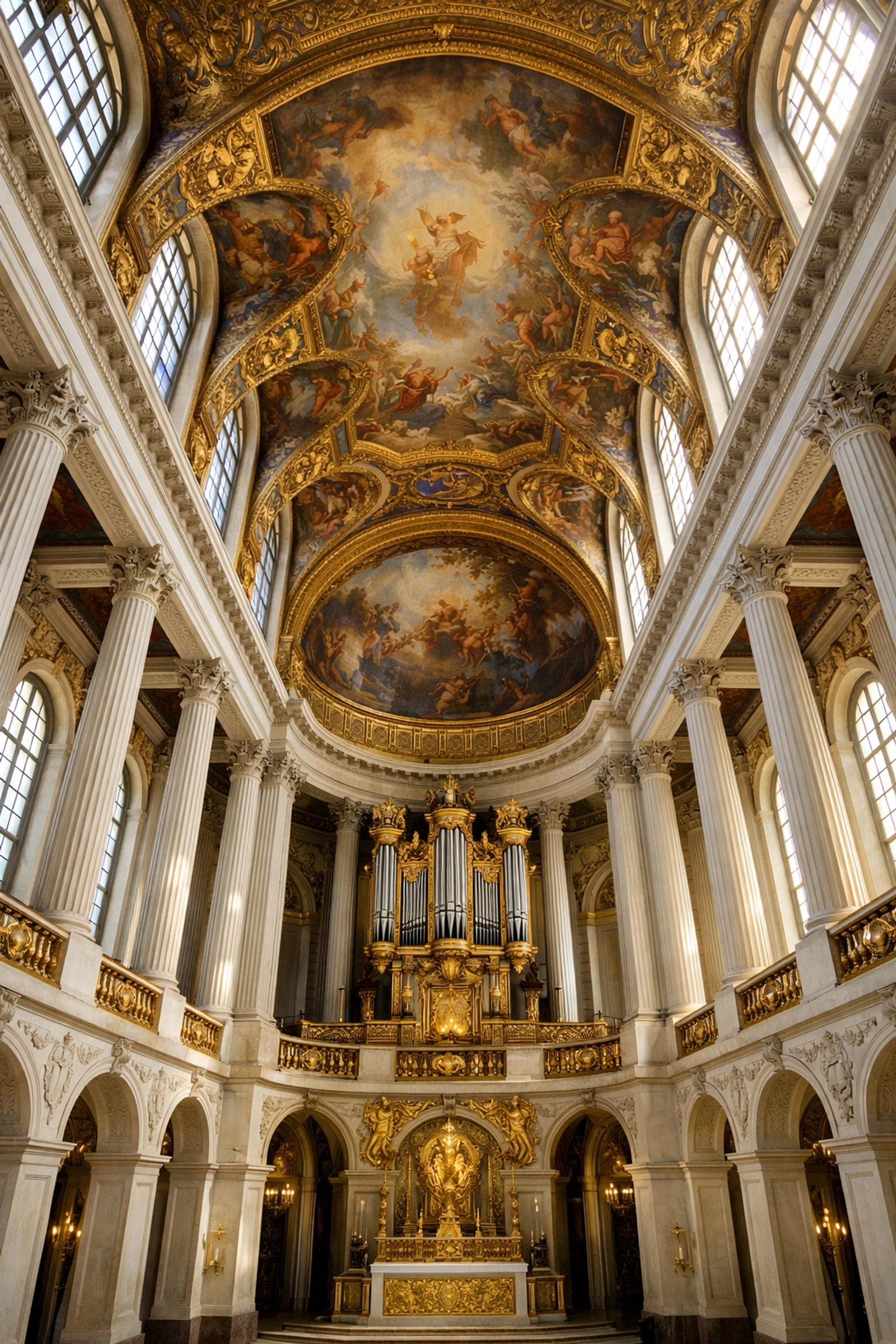 Wide-angle view of the ornate Royal Chapel at the Palace of Versailles, one of the best photography locations.
