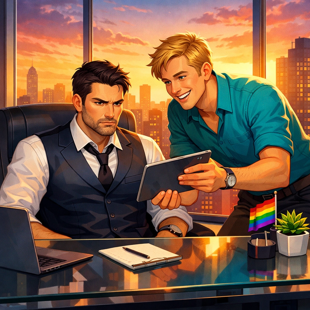 A grumpy boss and a cheerful assistant illustrate popular MM romance tropes in a high-rise office.