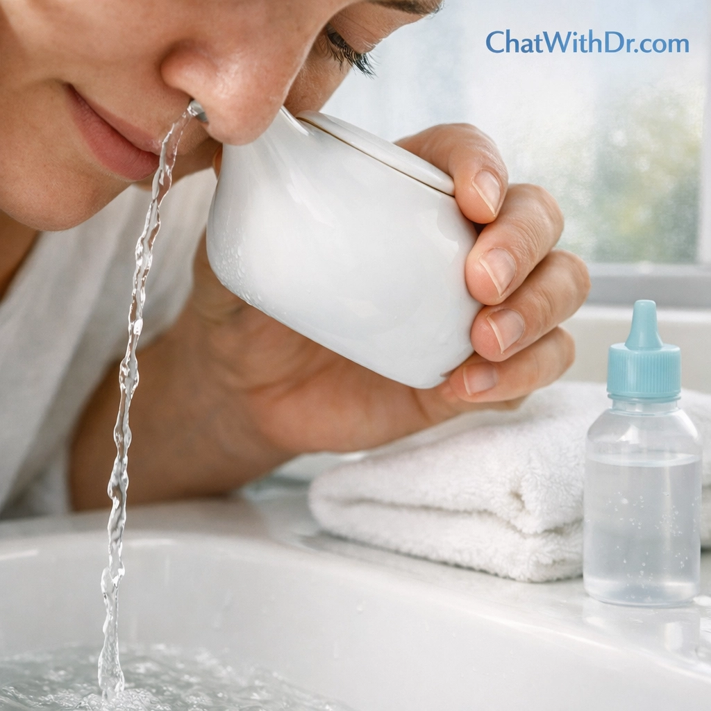 Saline nasal rinse using neti pot for immediate allergy relief