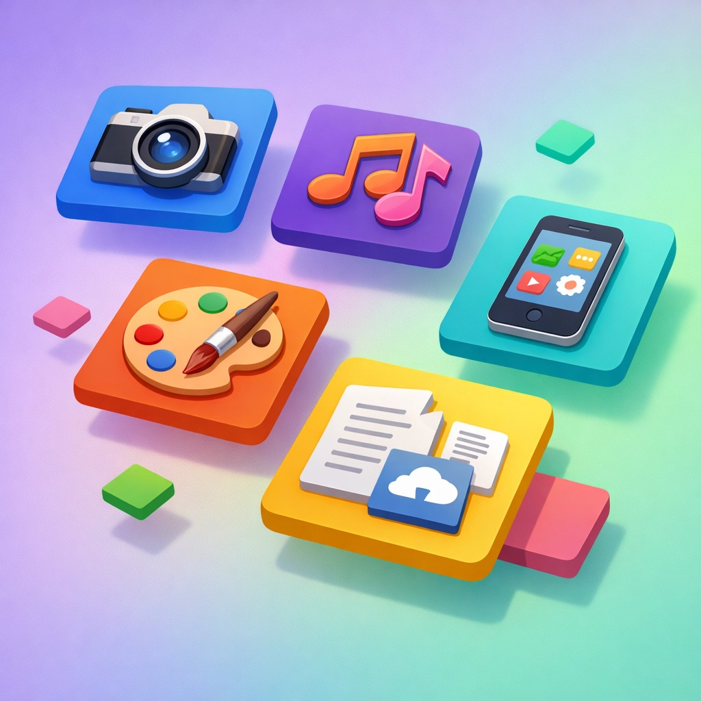 Various digital product categories including photography, music, apps, and design assets