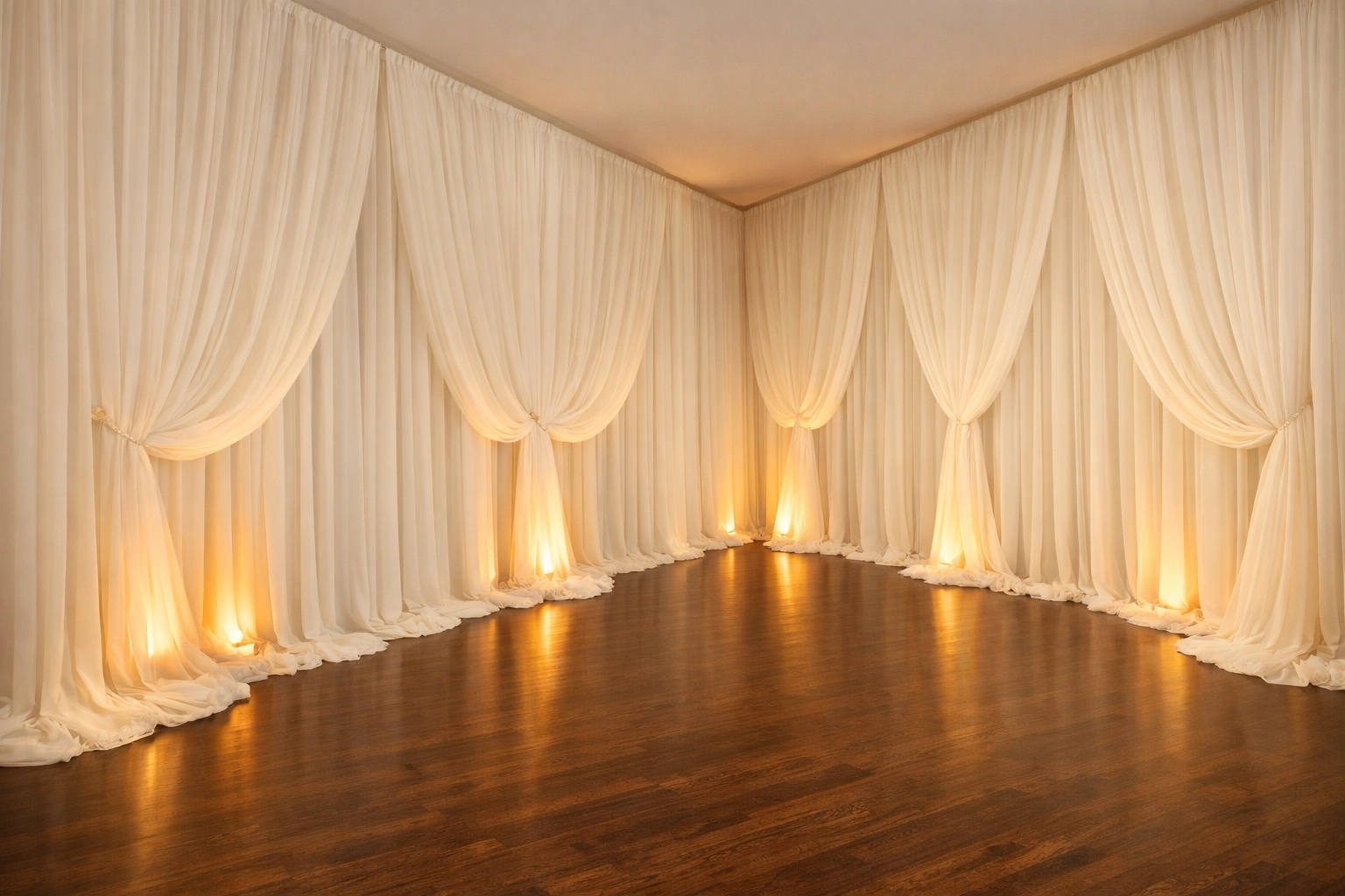 Elegant ivory pipe and drape rental transforming a wedding venue with soft lighting and floor-length fabric.