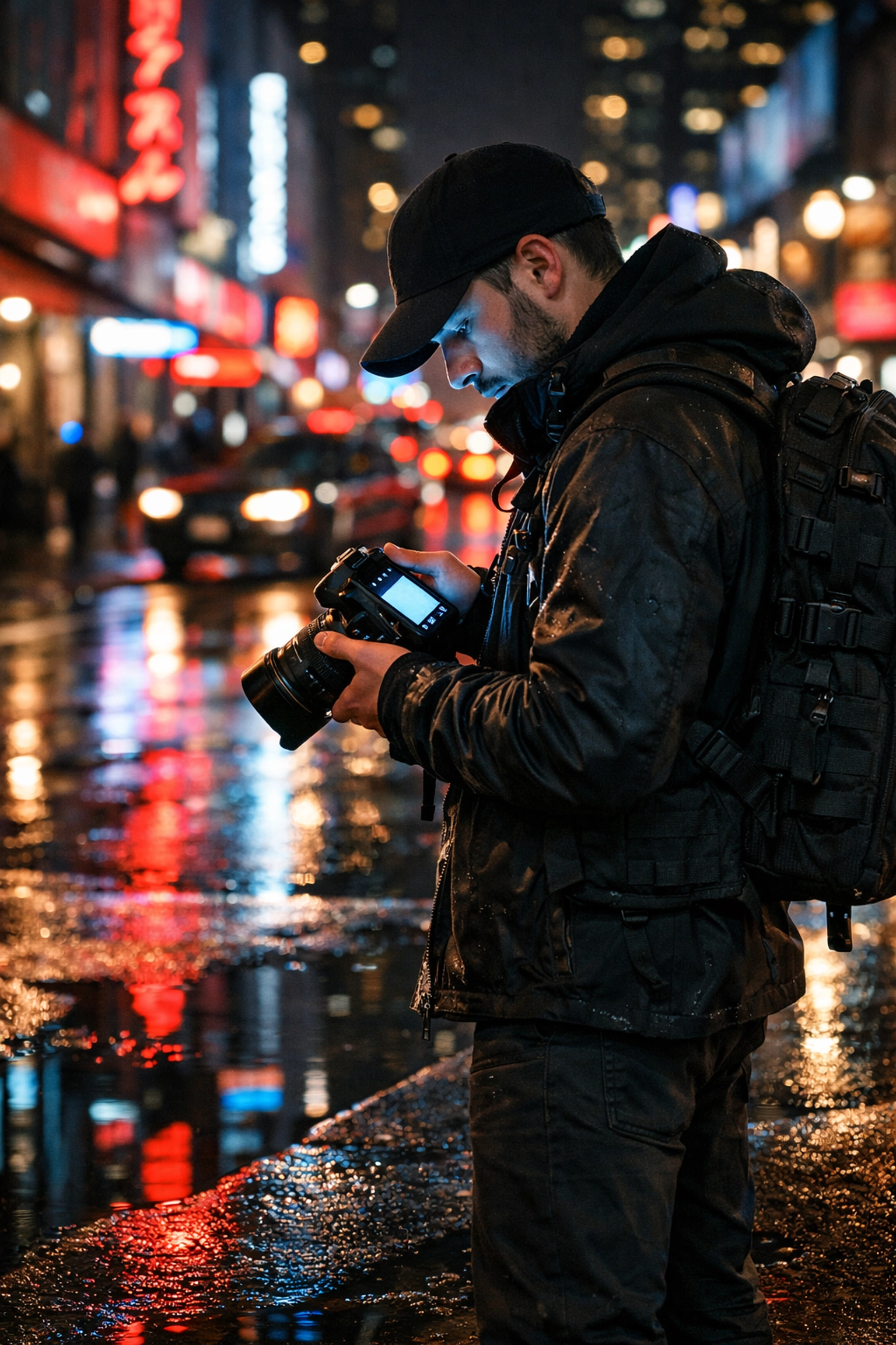 Photographer adjusting manual camera settings for night photography in a vibrant city environment.