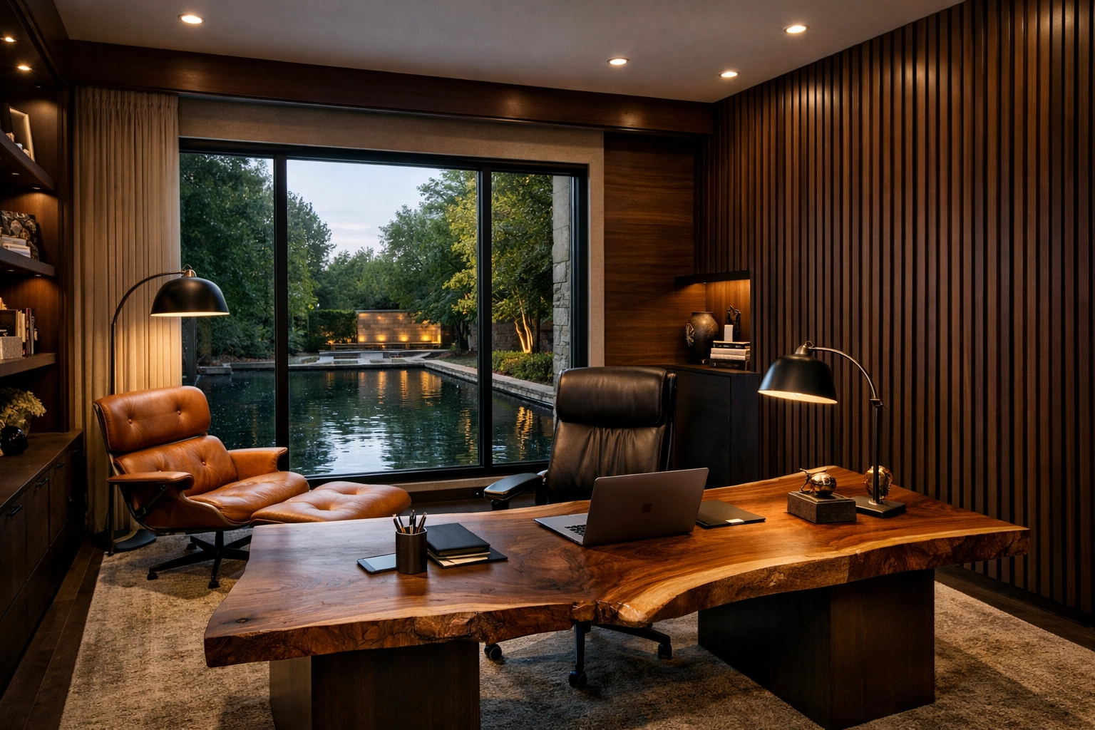 High-end home office designed by custom home builders Ontario with acoustic soundproofing.