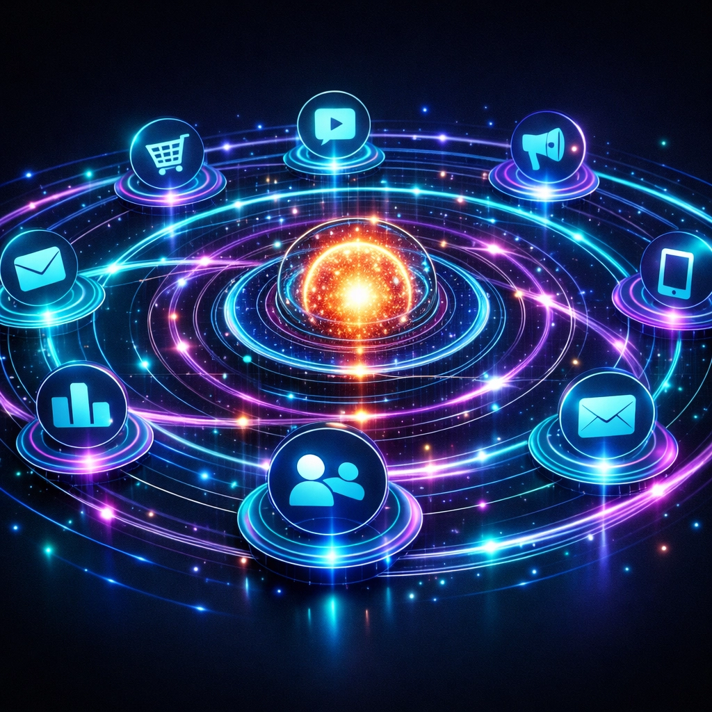 Network of connected marketing channels showing an integrated digital marketing agency Canada strategy.