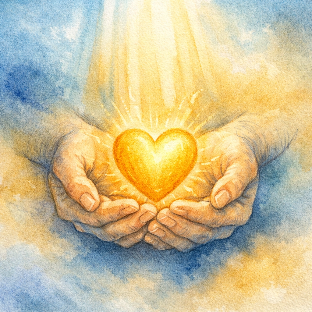 Hands gently cradling a glowing heart symbolizing safe community and tender belonging