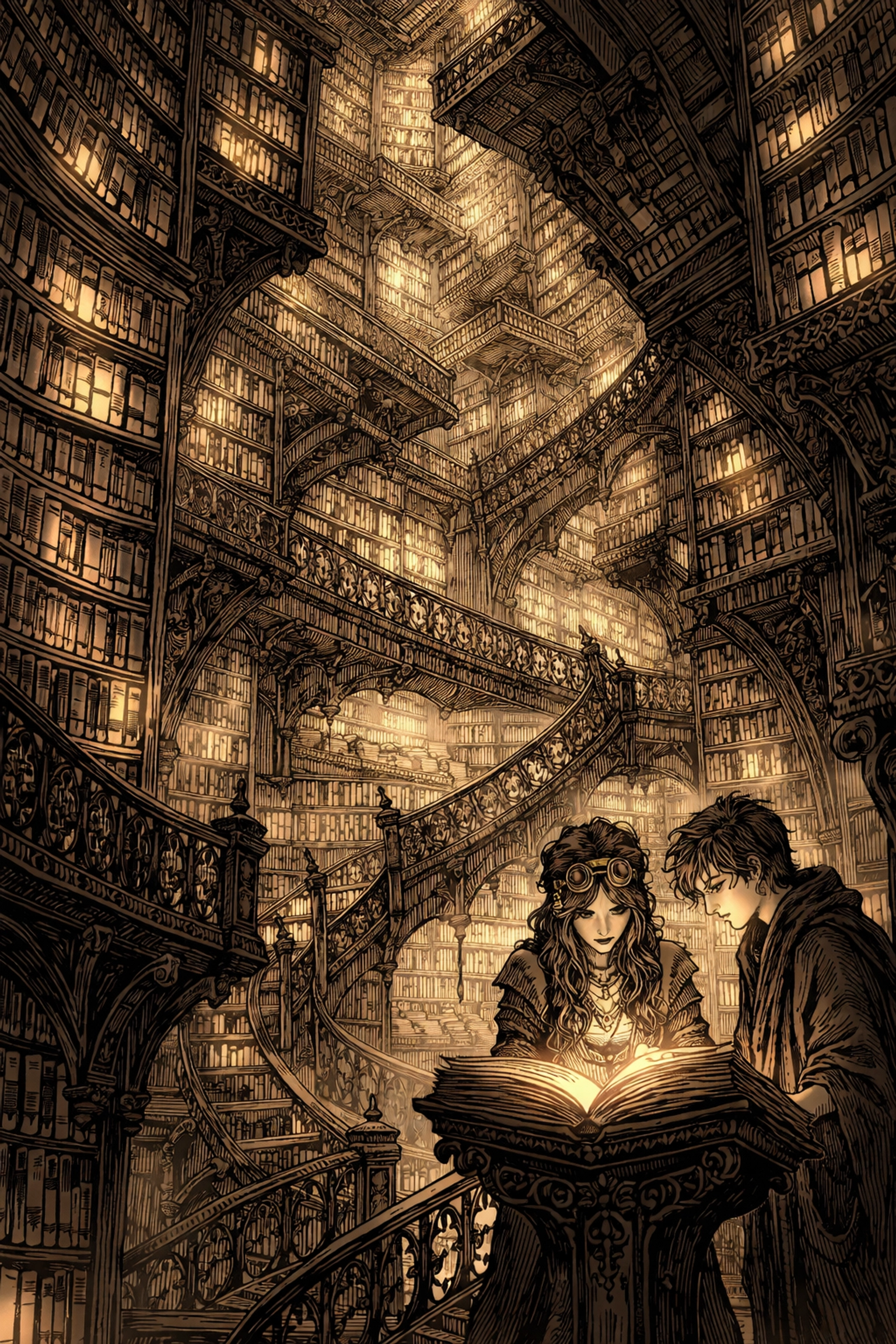 Two figures study a glowing tome in a surreal, seemingly infinite Victorian library, highlighting the Archive of Unwritten Laws in the gaslamp fantasy story.