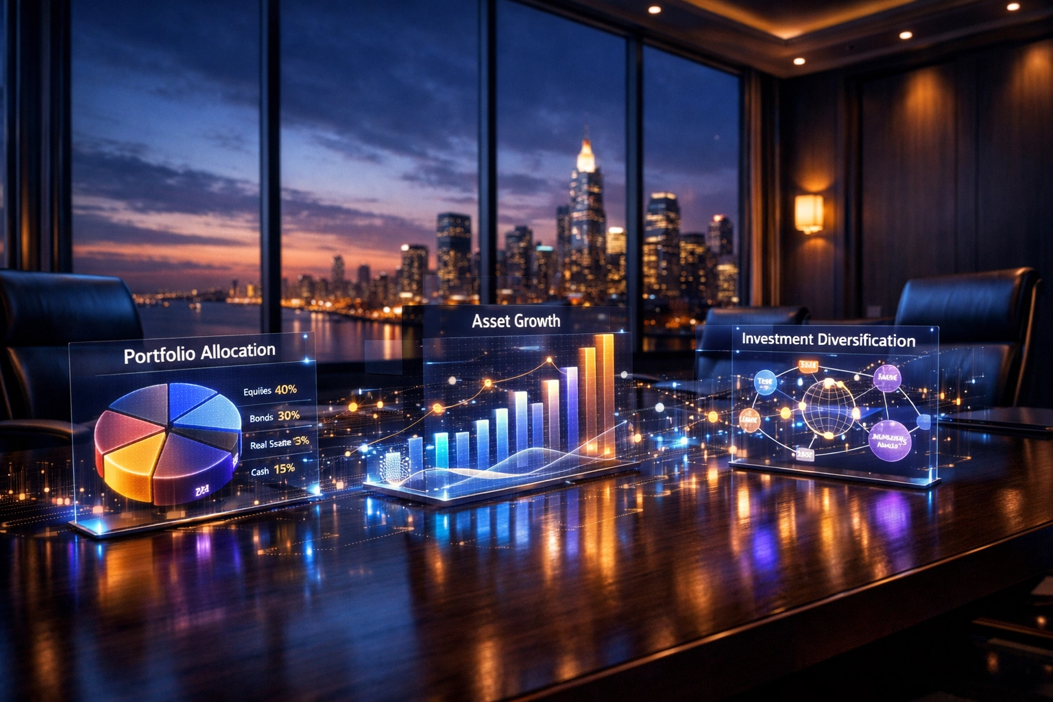 Institutional investor analyzing holographic portfolio allocation charts and alternative asset data