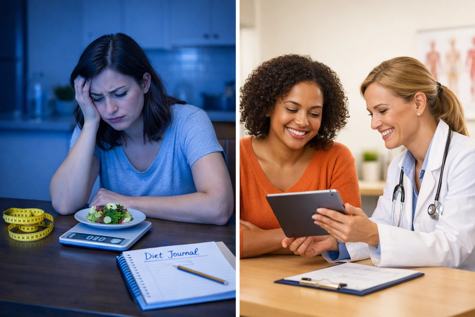 Traditional diet vs medical weight loss comparison showing solo dieting and doctor consultation