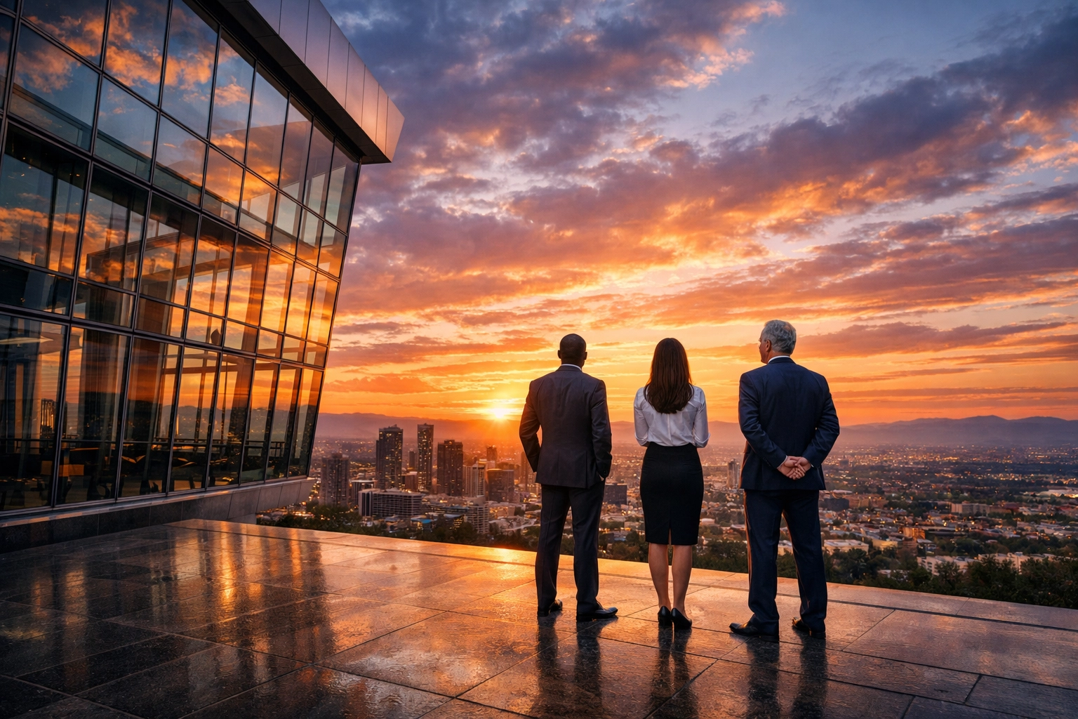 Business leaders overlooking Atlanta, symbolizing a wealth-focused legacy built on clean financials.