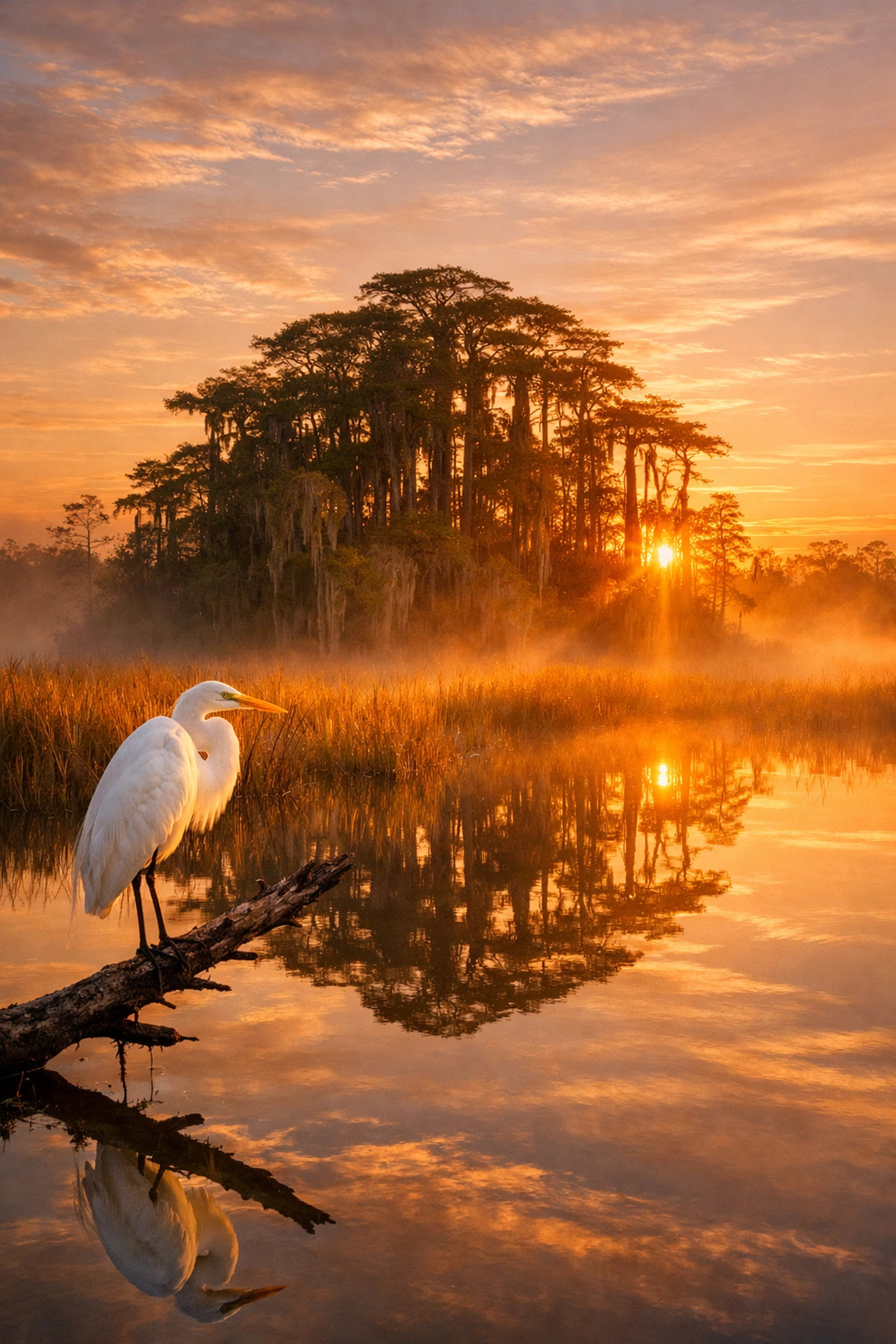 Great White Egret at sunrise in the Everglades during the golden hour for wildlife photography.