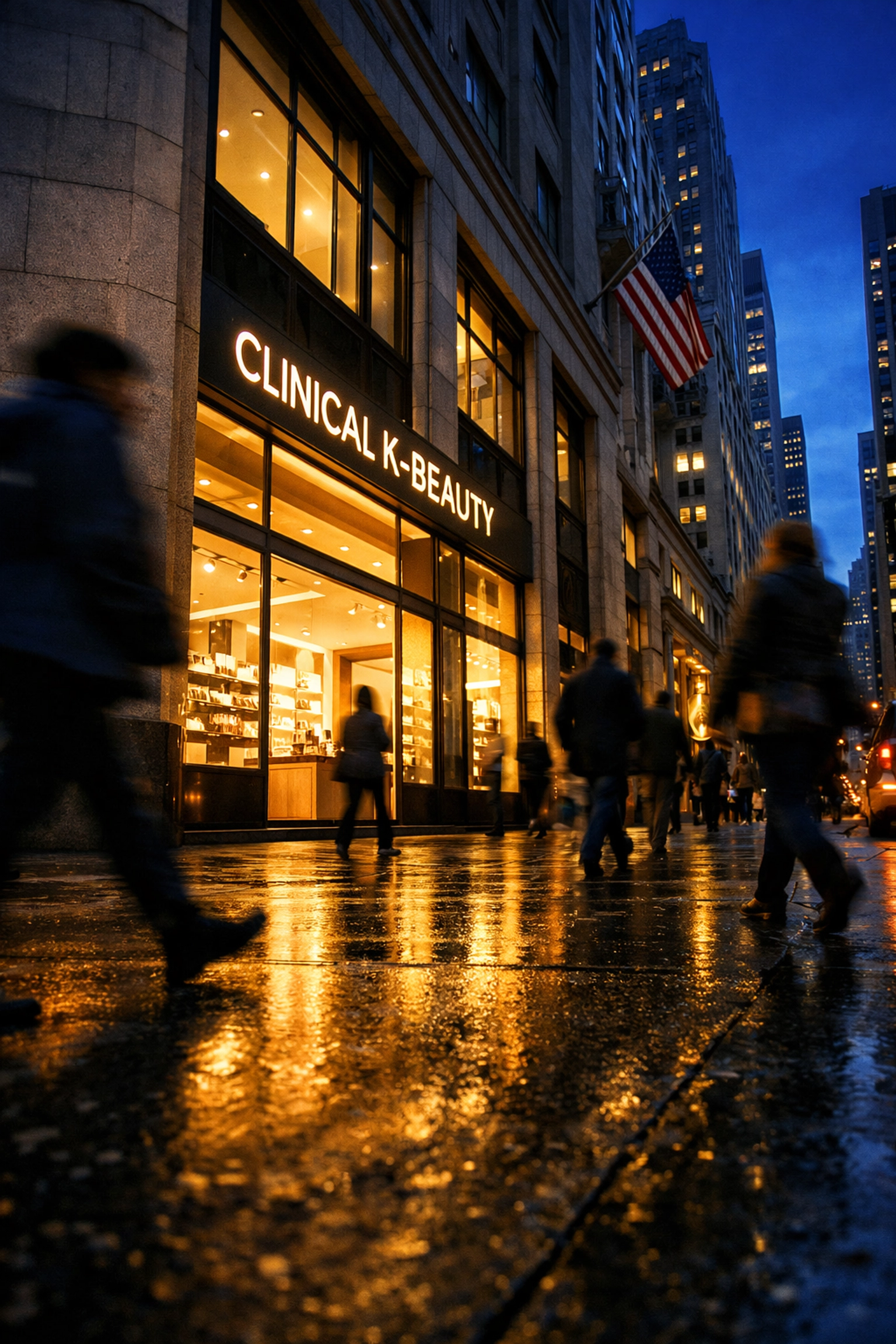 Manhattan retail corridor at night, signaling the expansion of clinical K-Beauty into premium U.S. Sephora locations.