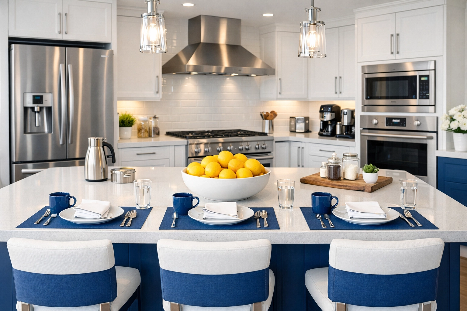 A professionally cleaned, sparkling kitchen with gleaming stainless steel appliances and island.