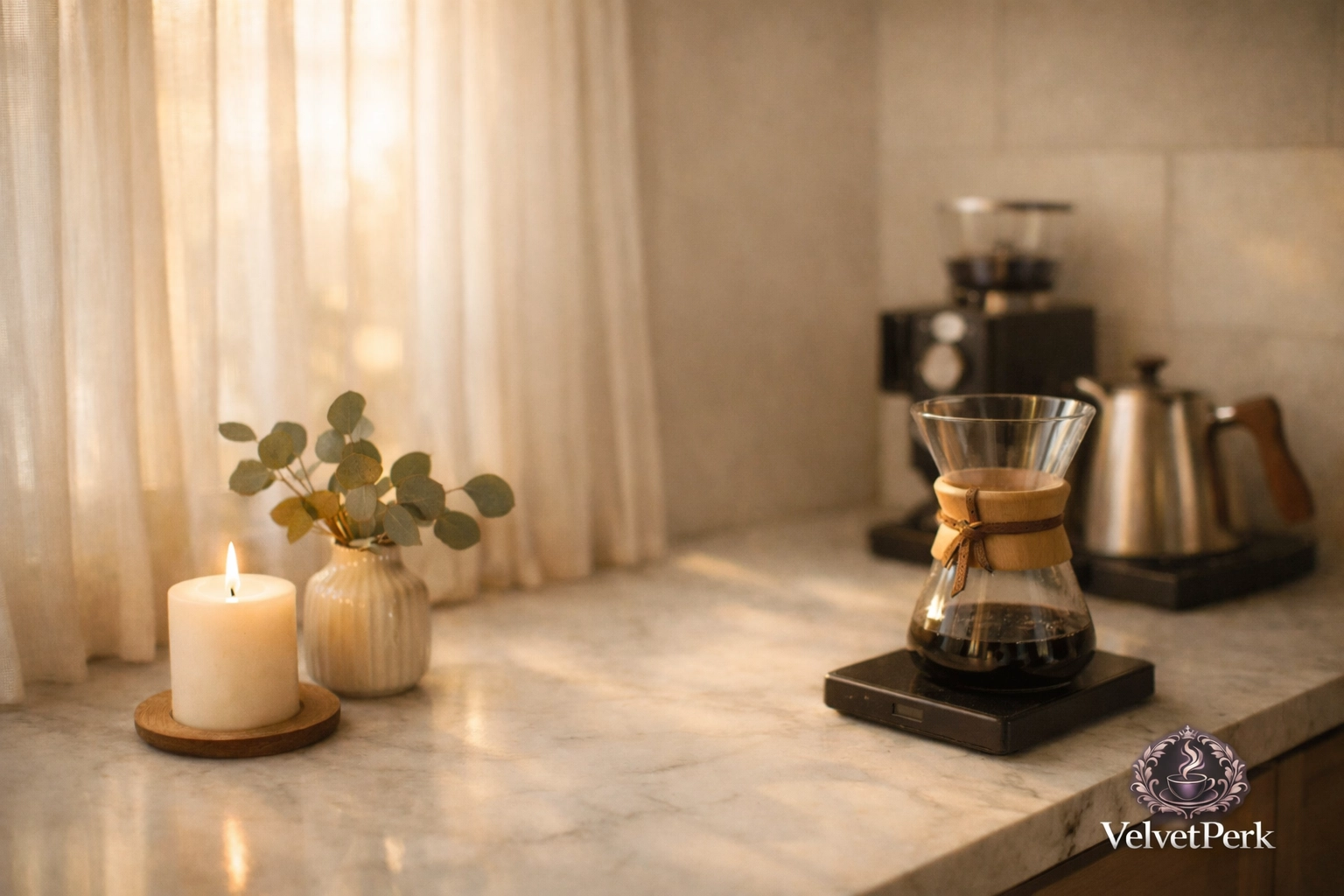 Sunlit kitchen coffee station with candle creating peaceful morning ritual atmosphere