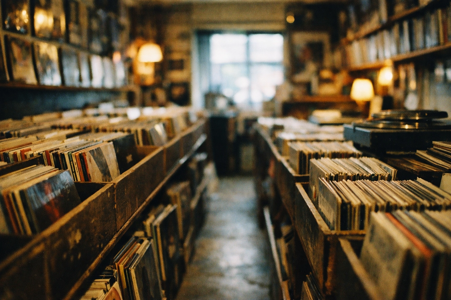 Browsing vinyl records in atmospheric record store with endless rows of album bins