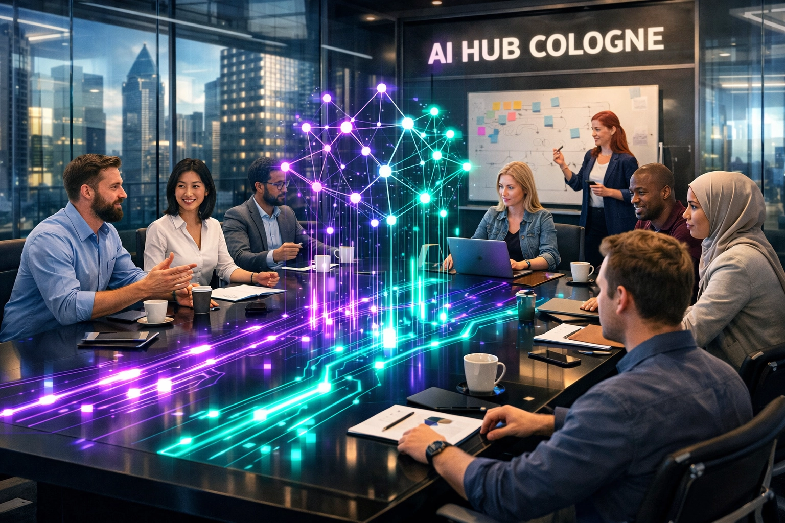 Mitarbeiter im AI Hub Cologne bei einer kollaborativen KI-Weiterbildung für Unternehmen.