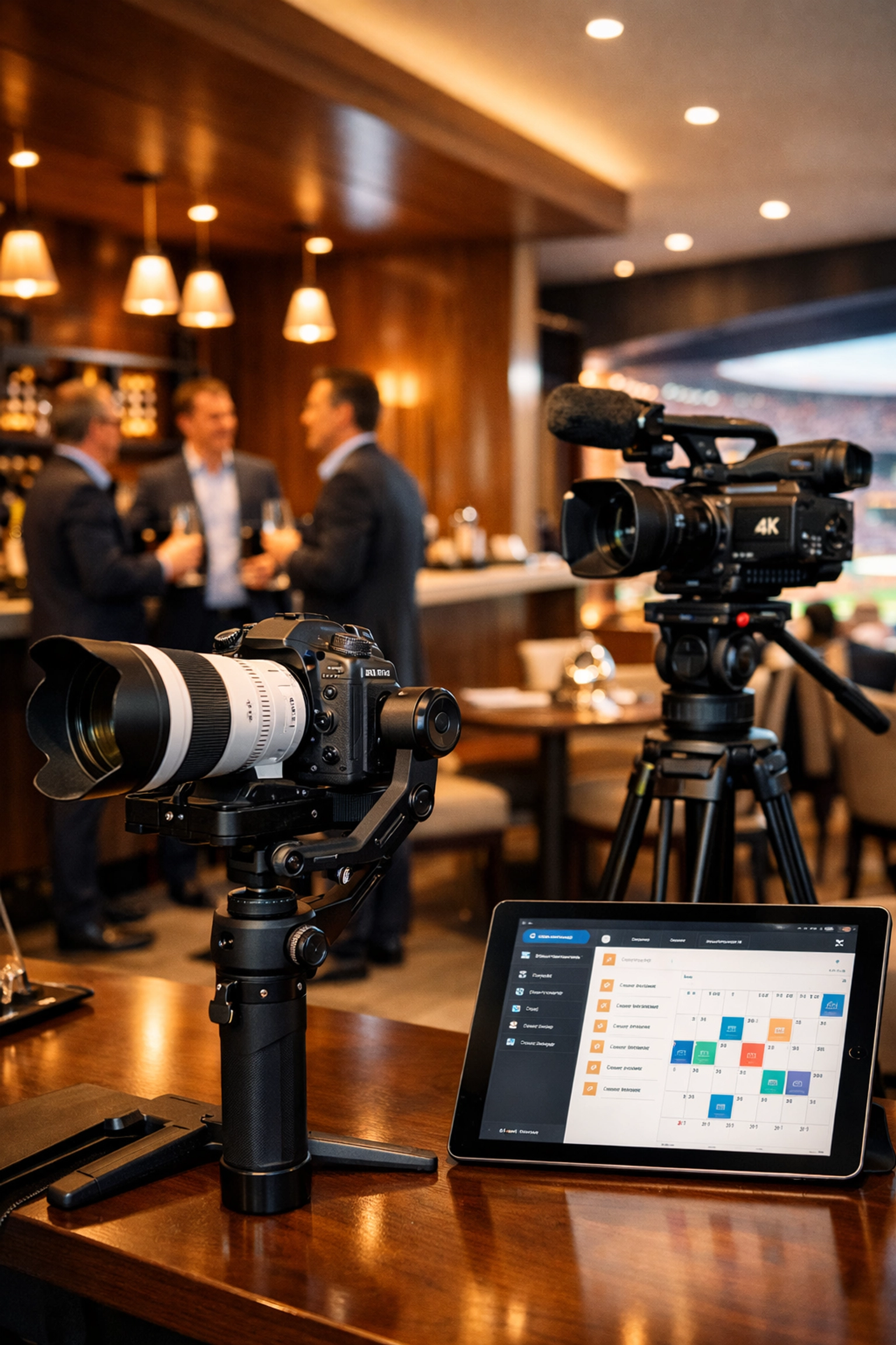 Professional camera equipment capturing VIP Super Bowl suite experience for corporate hospitality content