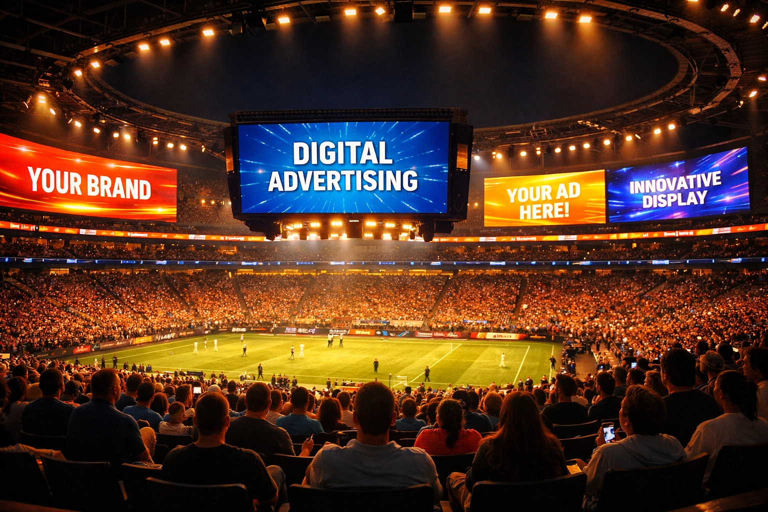 Sports stadium interior with LED digital signage and engaged audience during live event
