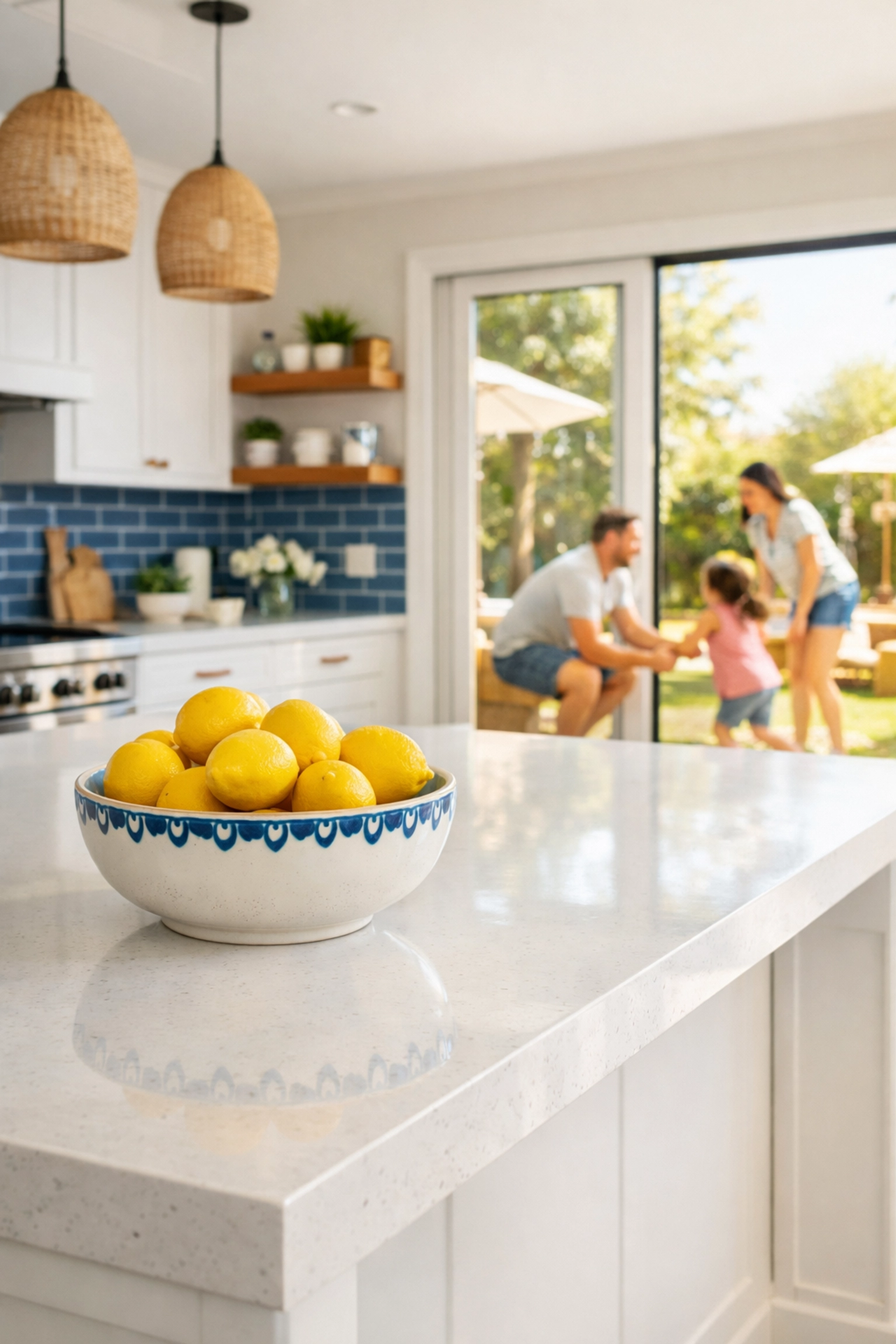 Clean modern kitchen with quartz island, highlighting the time-saving benefits of residential cleaning Massachusetts.