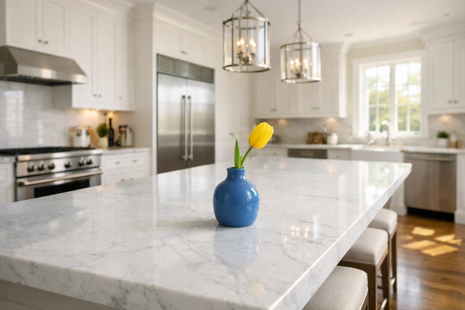 A sun-drenched luxury kitchen in a Dover estate, showcasing expert residential cleaning Massachusetts.