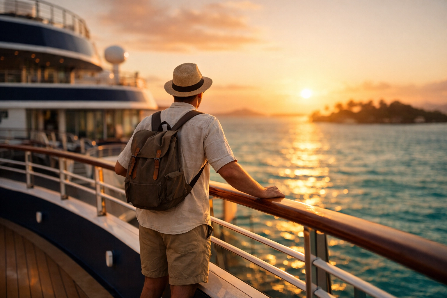 Solo traveler enjoying sunset view from Virgin Voyages cruise ship deck in Caribbean