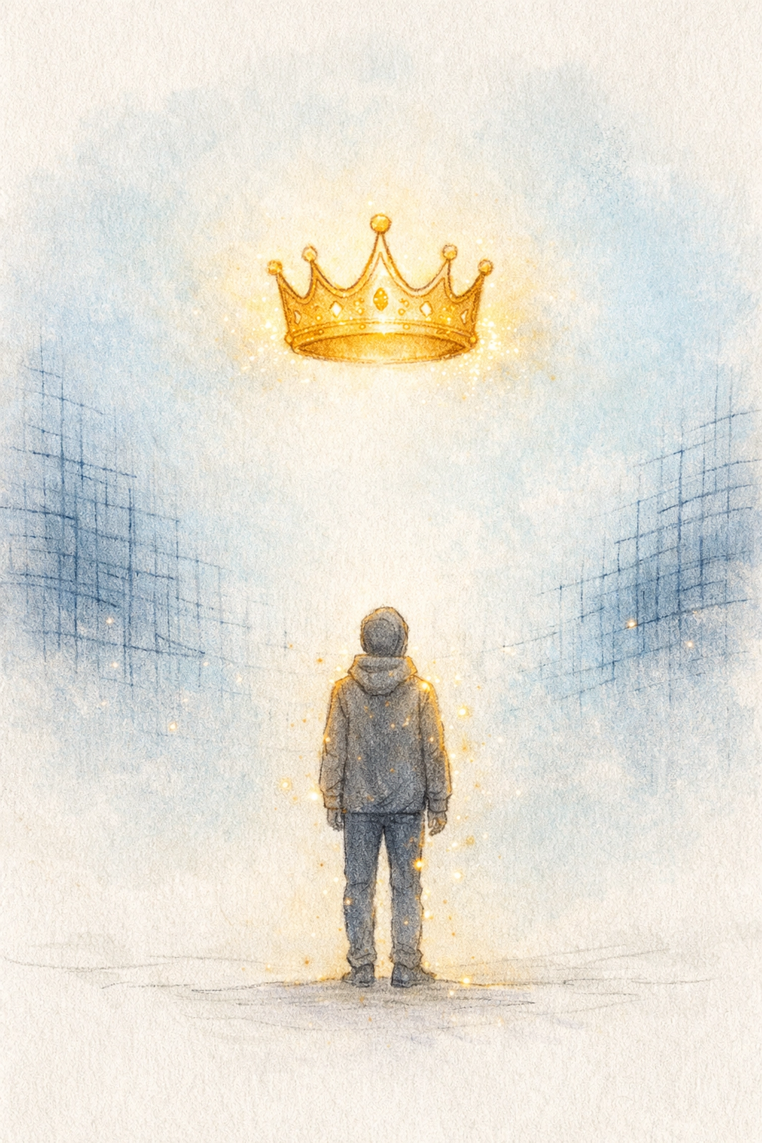 Person finding spiritual identity in Christ, looking toward a divine crown as digital grids fade.