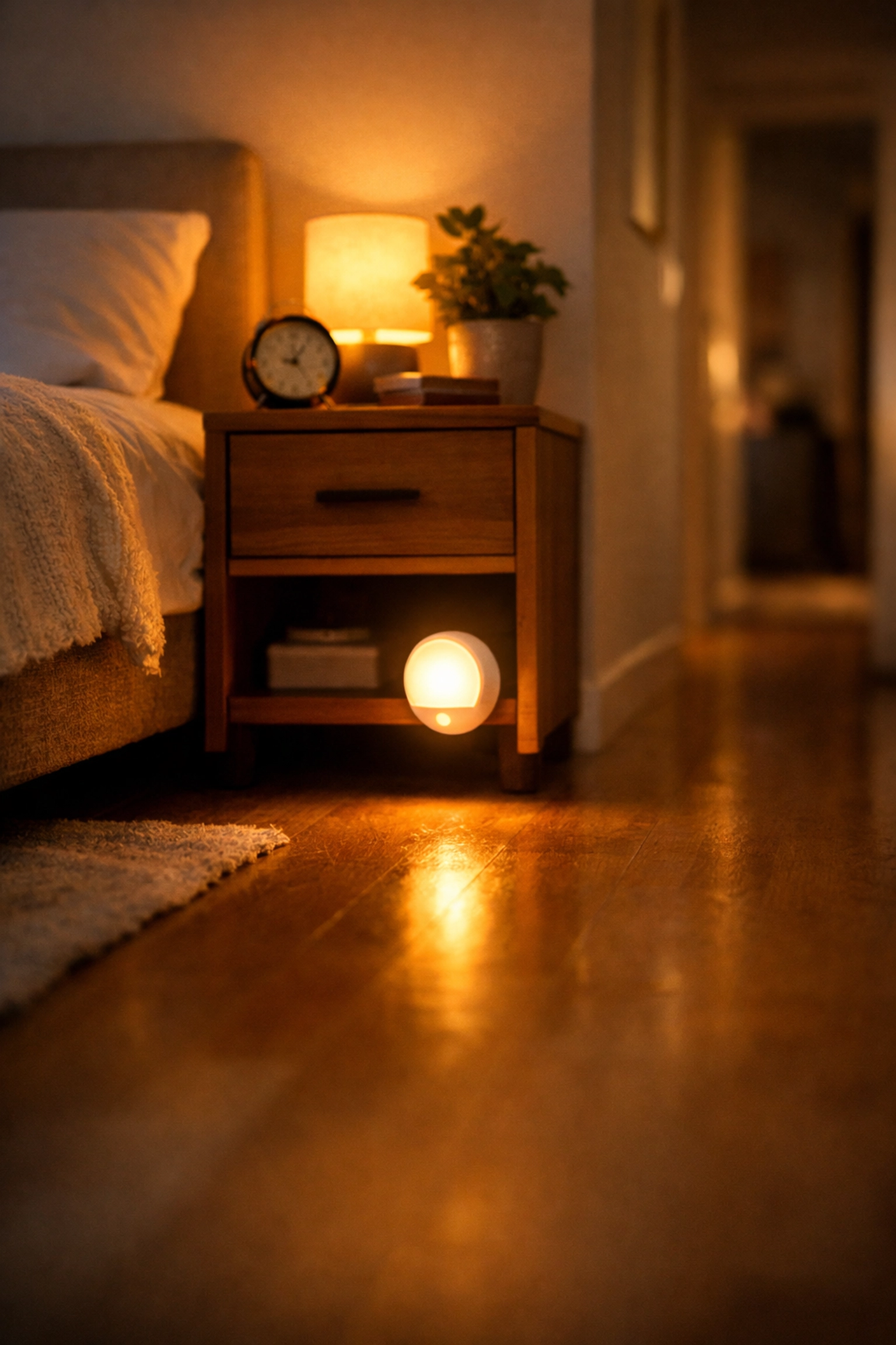Motion-activated nightlight illuminating bedroom pathway at night for fall prevention