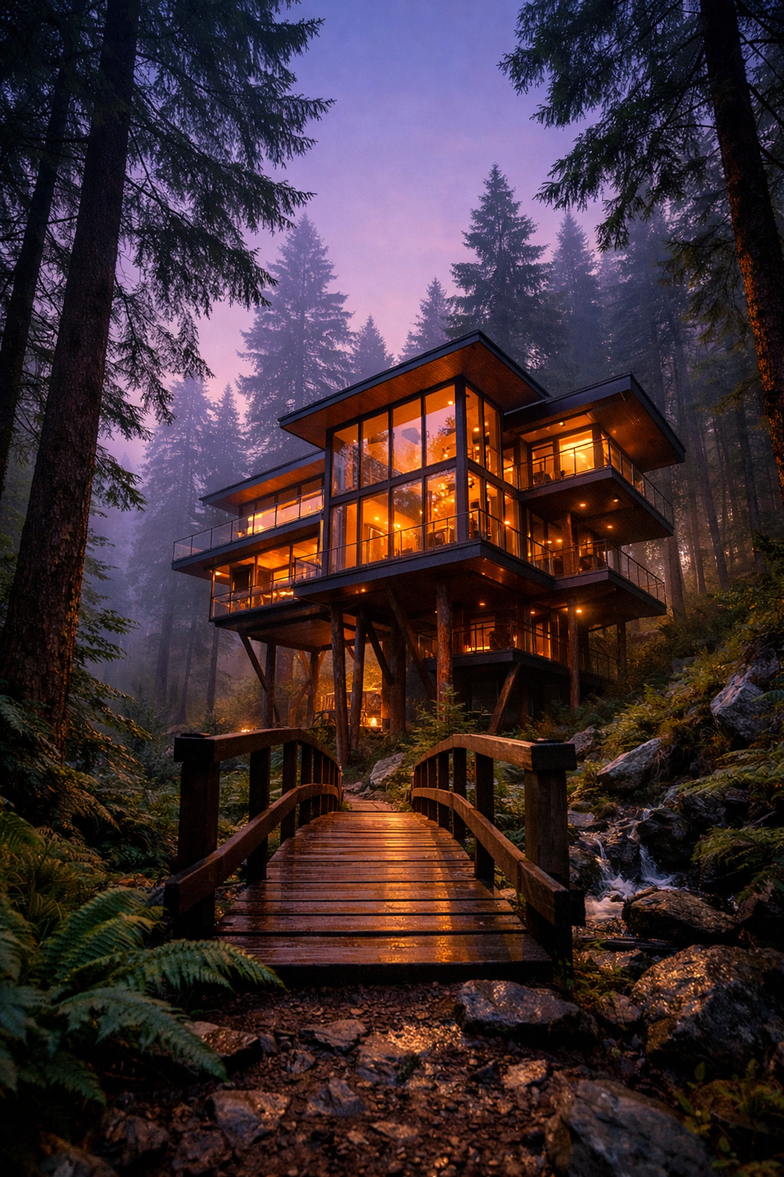 Modern forest treehouse providing unique and stress-free adventure accommodations for traveling families.