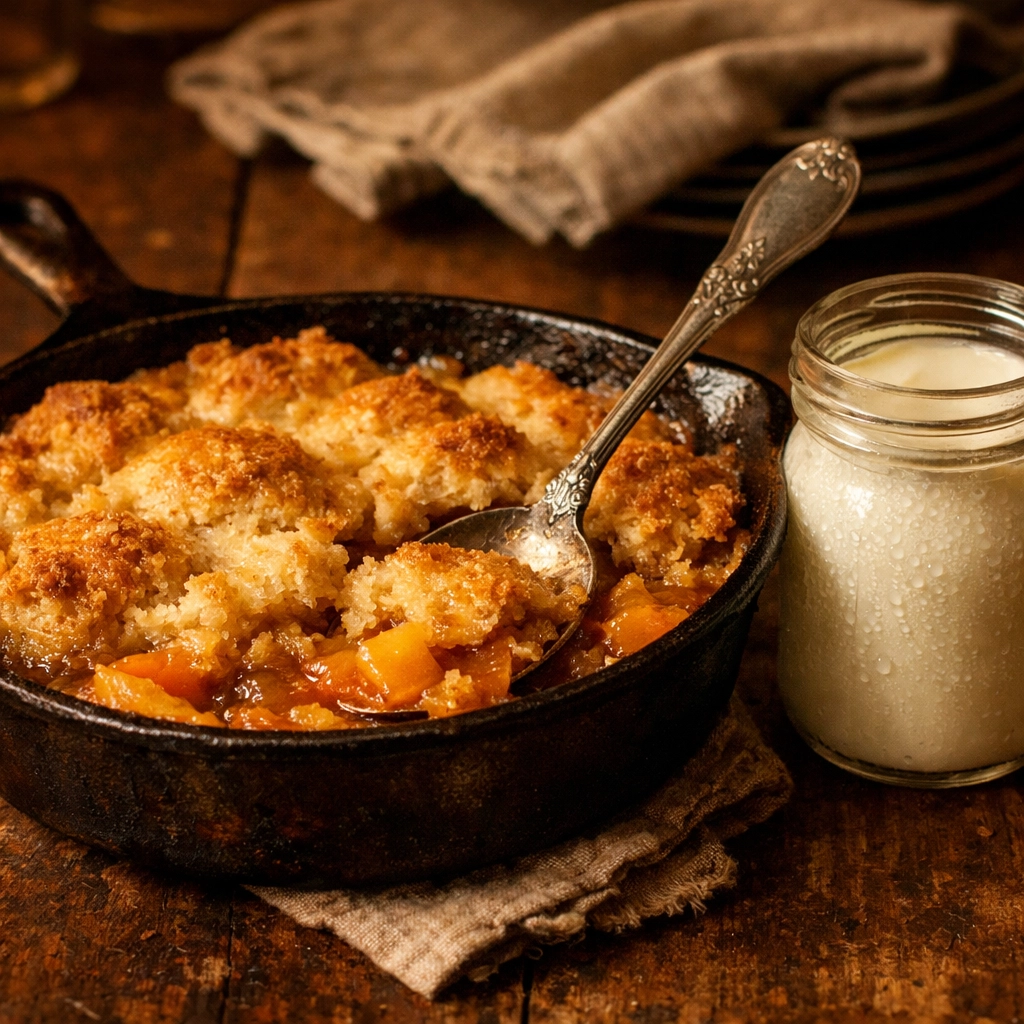 Warm peach cobbler in a cast-iron skillet, showcasing authentic southern catering and hospitality.