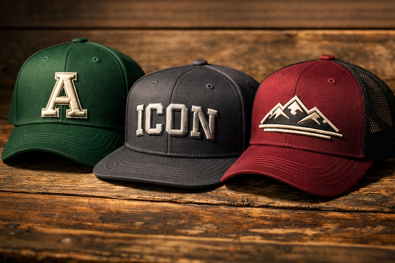 A variety of custom embroidered hats including trucker and baseball caps for business branding.