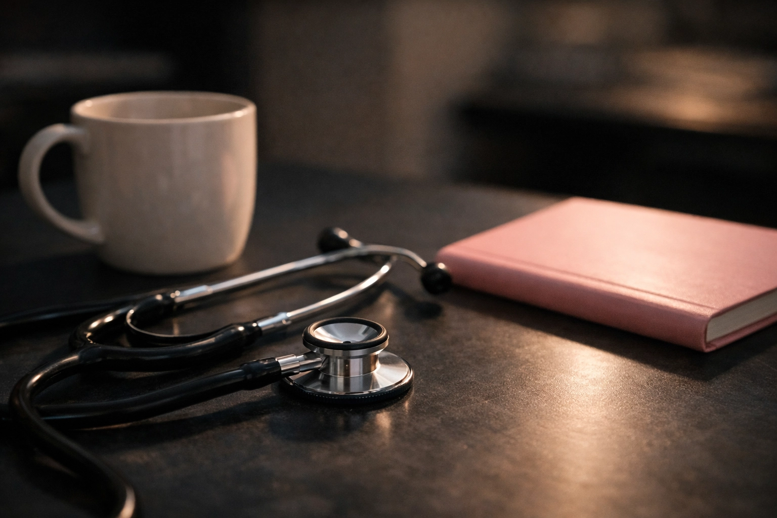 Stethoscope on a desk in a quiet office, symbolizing the daily workload and dedication of a Director of Nursing.