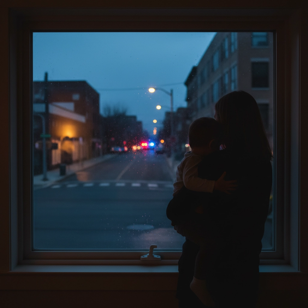 A woman, holding her baby, looks out her window during twilight at police cars at the end of her street. Why Bugging In is Better - A Woman's Guide to Survival