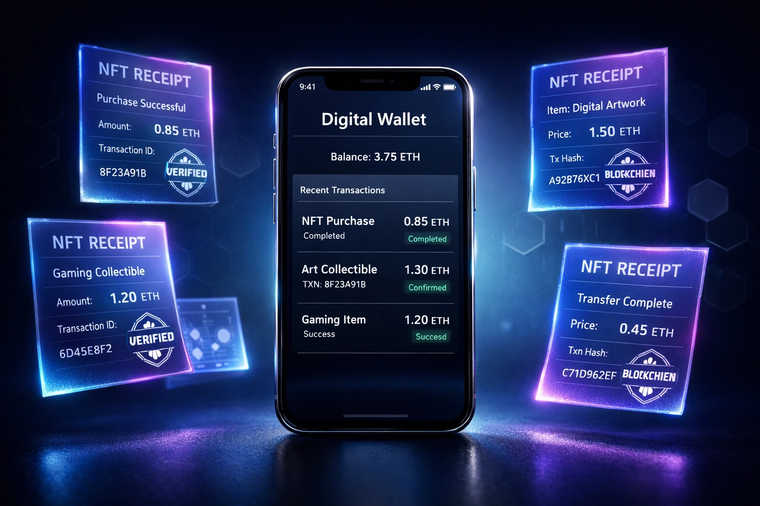 Digital wallet on smartphone with floating NFT receipt cards showing blockchain transaction records