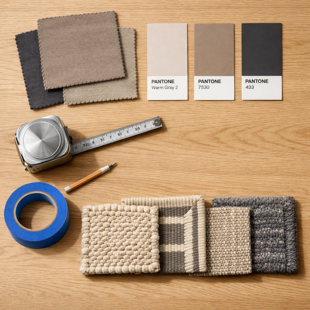 Bespoke carpet specification tools with fabric swatches, measuring tape and material samples