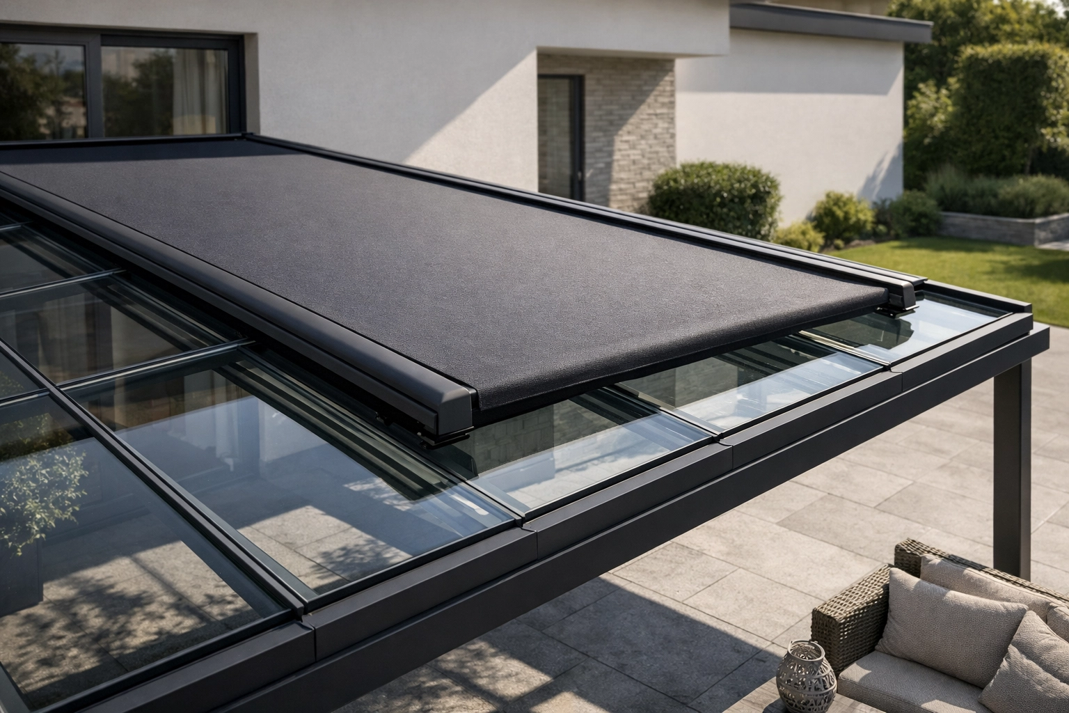 Moderne Aufglasmarkise in Anthrazit auf einem Glasdach für optimalen Hitzeschutz.