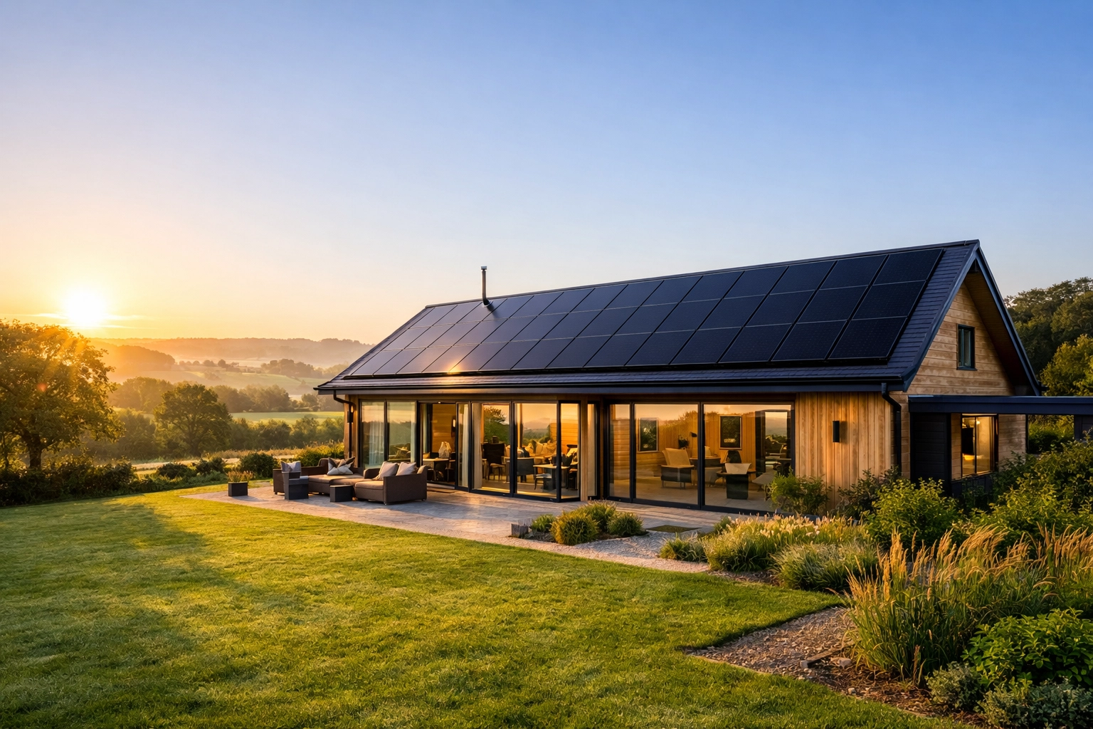 Modern Dorset home with rooftop solar panels providing energy security at sunrise.