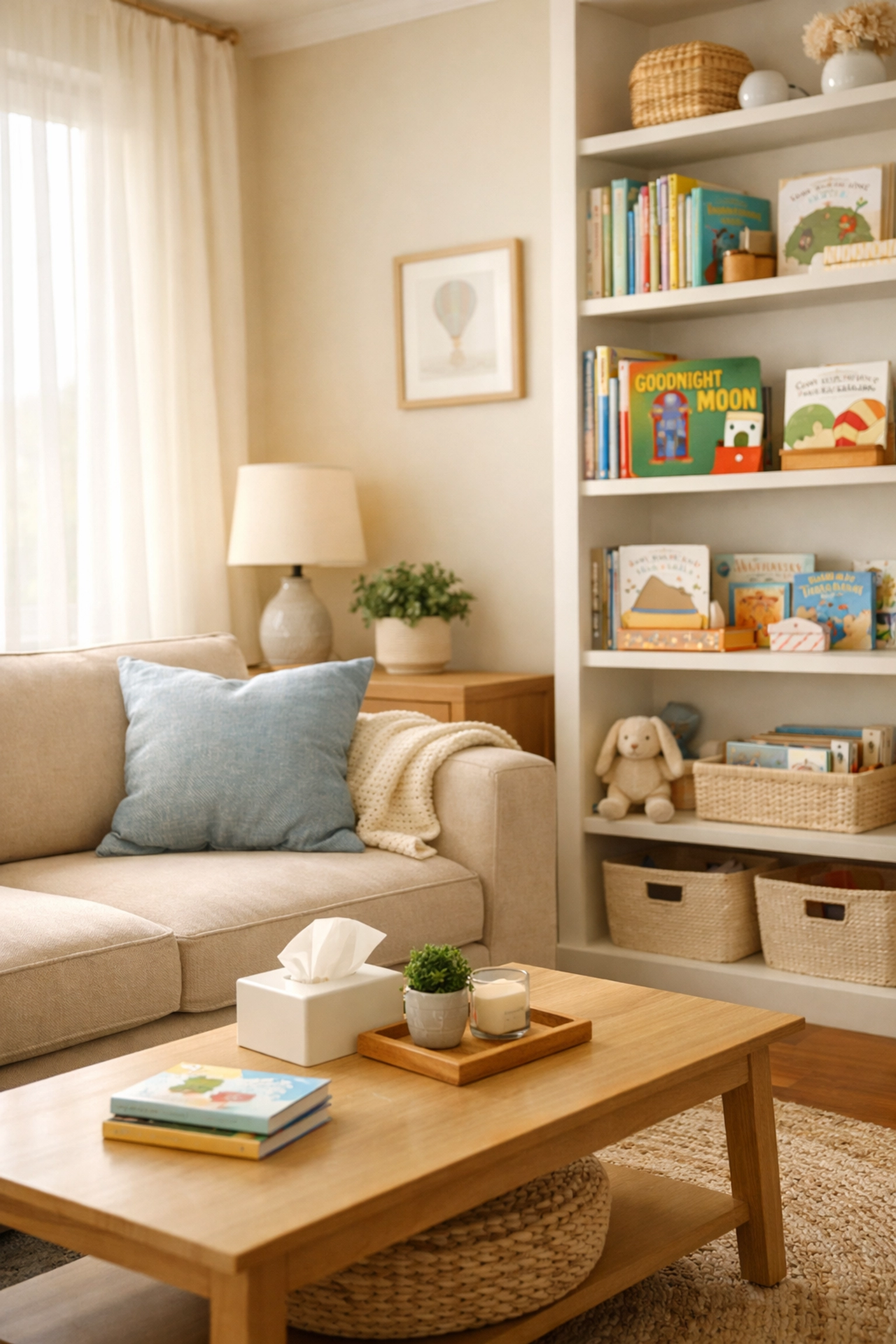 Clean organized living room prepared for Guardian ad Litem home visit in custody case