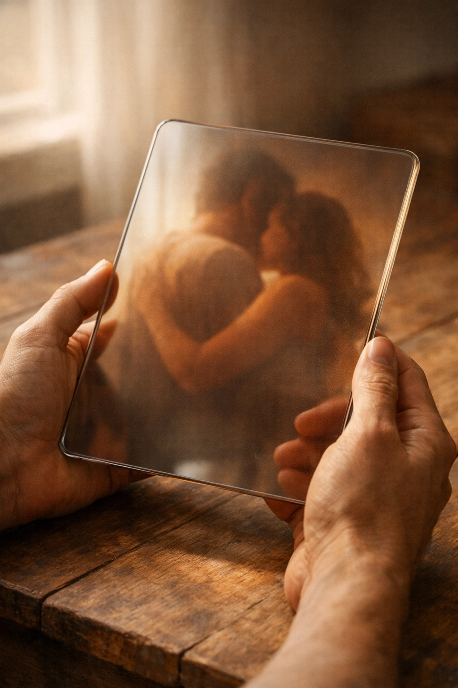 Hands holding a tablet reflecting a warm hug, representing attachment styles in relationships through digital screens.