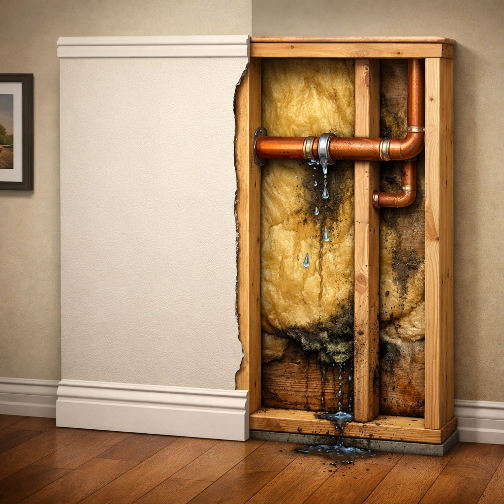 Cross-section of condo wall revealing hidden water leak behind drywall and insulation