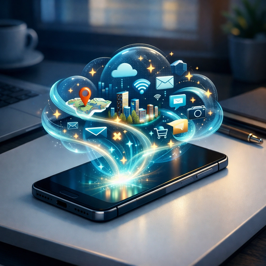 Smartphone screen showing AI search overview data with map markers and rating stars for local businesses.