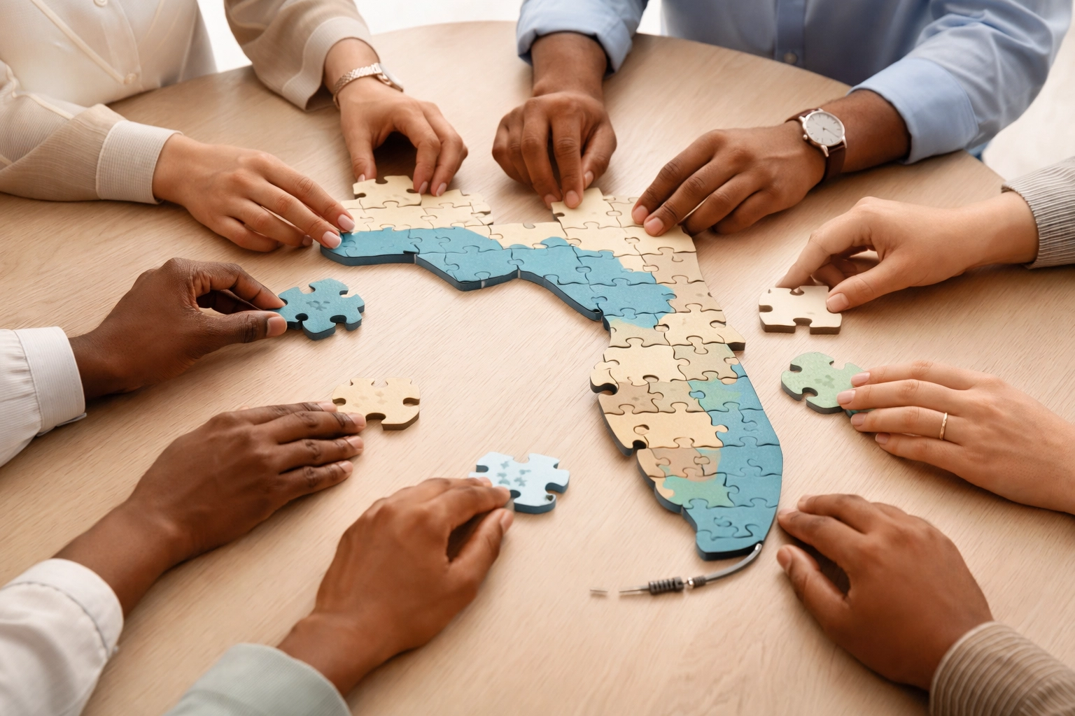 Diverse hands assembling Florida puzzle, representing collaborative charitable giving strategies in Stuart FL