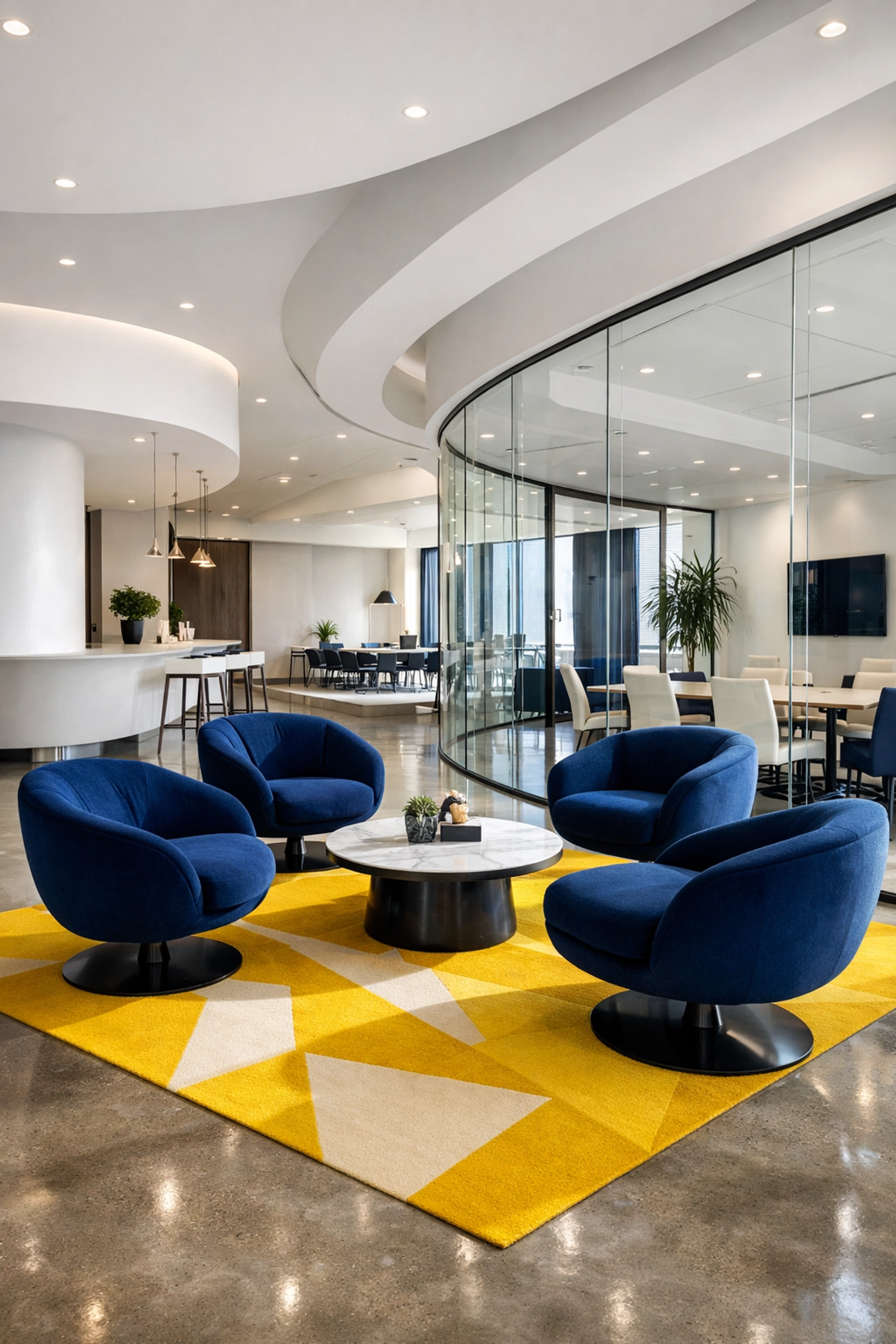 Sunlit modern office lobby with streak-free glass and polished floors from professional commercial cleaning.