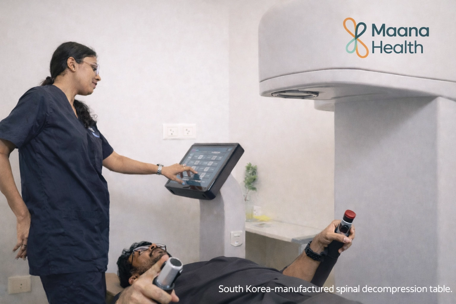 A Maana Health specialist operates the TheraMaster by Shinhwa Medical (South Korea) device for non-surgical spinal decompression therapy.