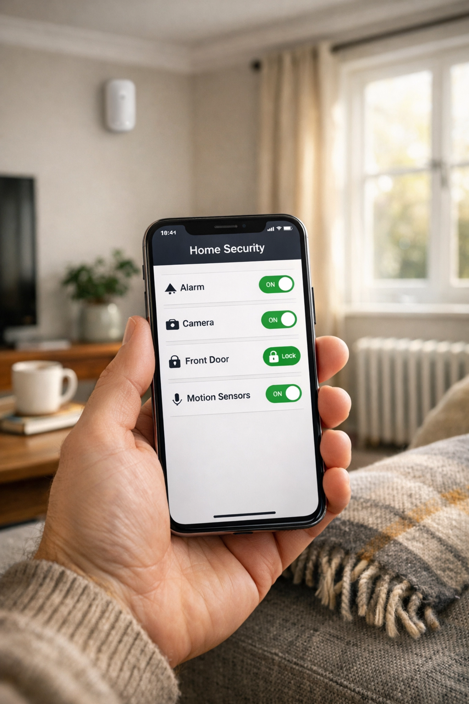 Controlling a smart security alarm system in Evesham via a mobile app with a wall-mounted sensor.
