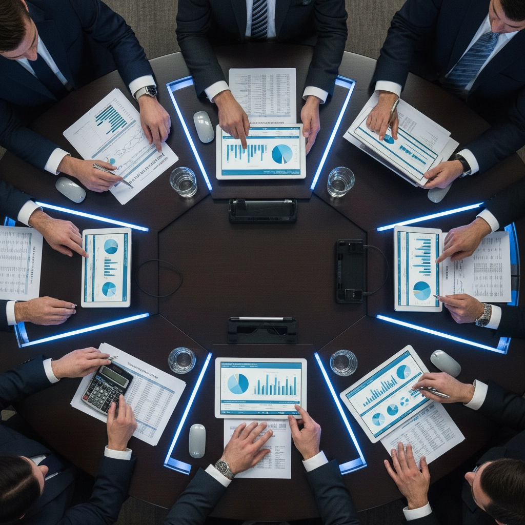 Business professionals analyzing data on tablets during a corporate meeting, surrounded by financial reports and charts, illustrating acquisition agreement discussions and strategic planning.