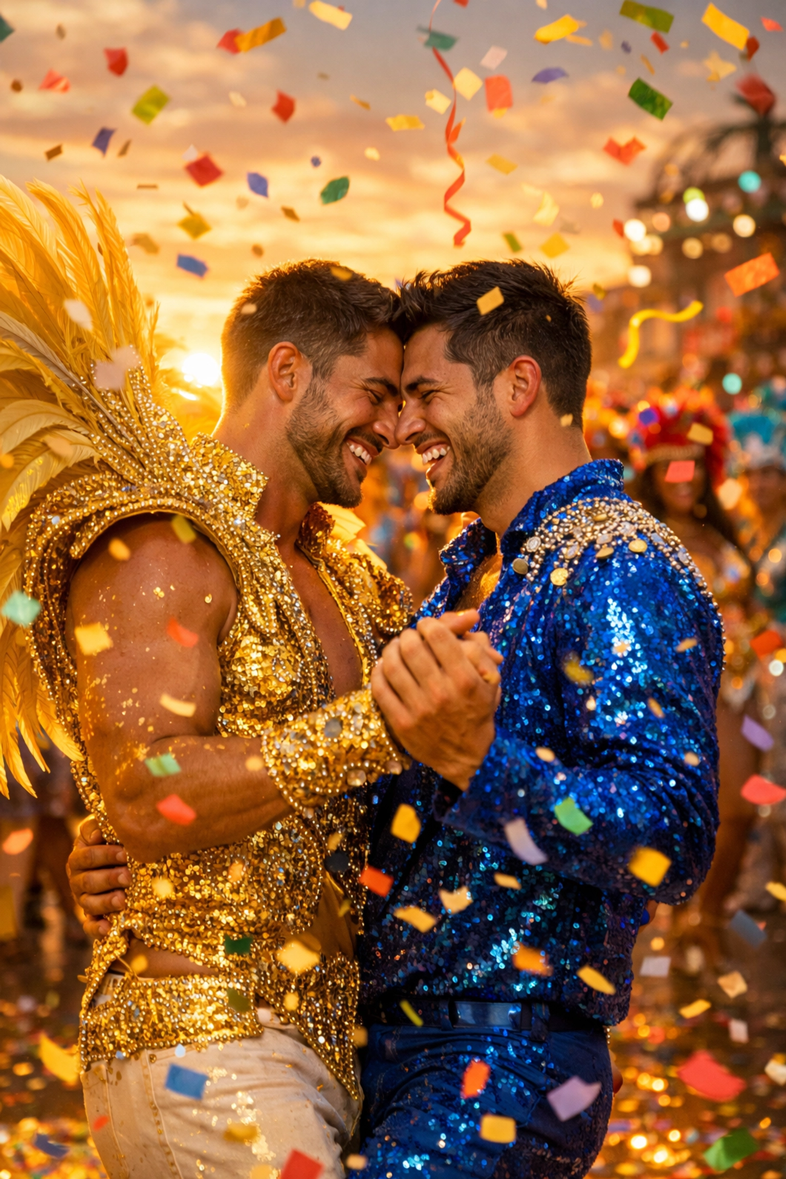 Gay couple dancing in glittering carnival costumes at Rio Carnival celebration at sunset