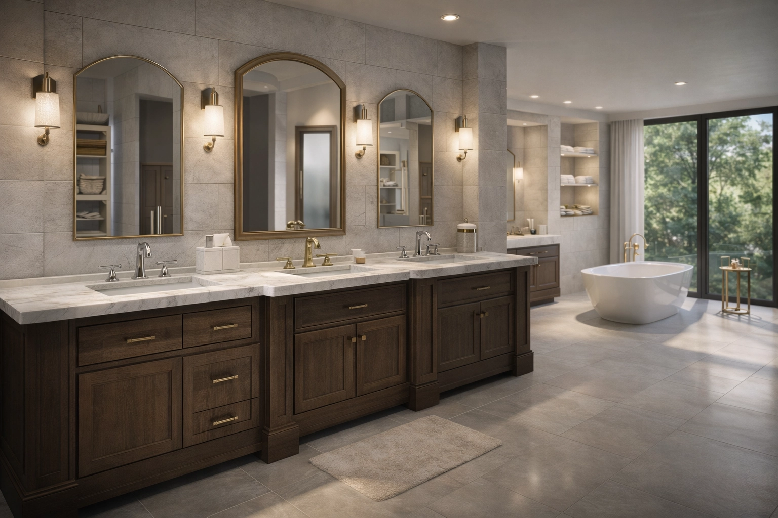 High-end photorealistic 8K bathroom render: precise tile alignment and grout detail, premium vanity and stone surfaces, realistic chrome/brushed brass fixtures, soft natural light with accent lighting, ultra-clean composition, no people, no text, no logos.