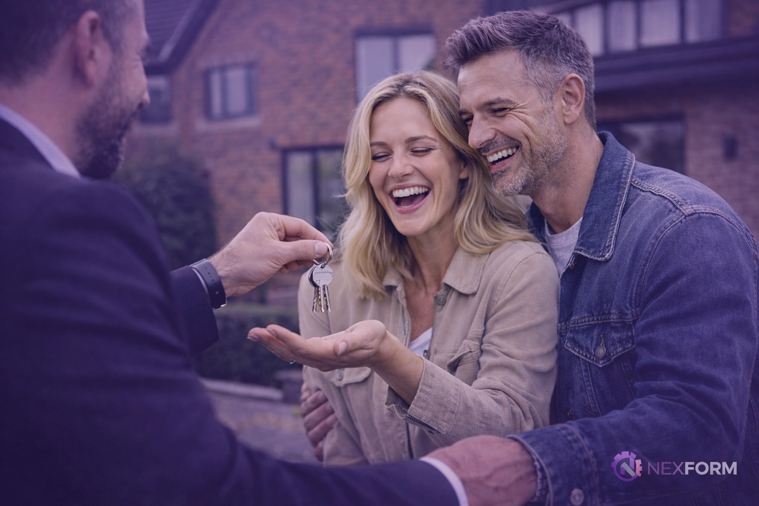 A happy couple holding house keys outside their new home after a fast property completion powered by AI.